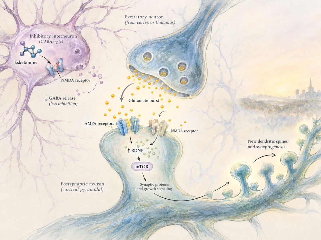 How esketamine works: it blocks NMDA receptors on inhibitory interneurons, which lowers GABA release and lets a burst of glutamate reach the postsynaptic neuron. That raises BDNF and mTOR signalling, producing new dendritic spines and synaptic growth.